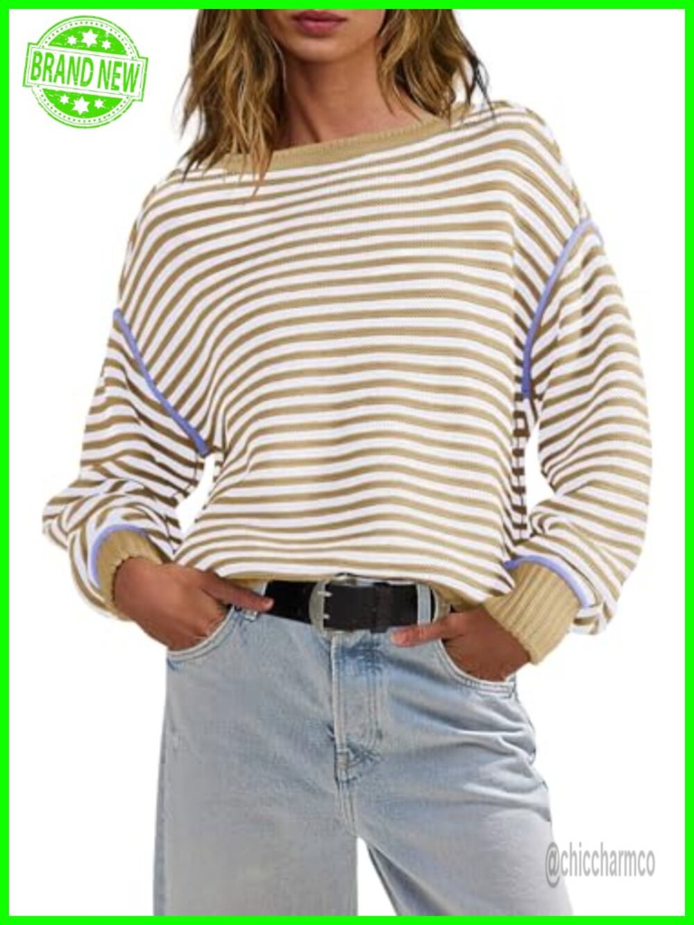 Oversized Striped Boat Neck Pullover Sweater - Lightweight Cable Knit Tunic